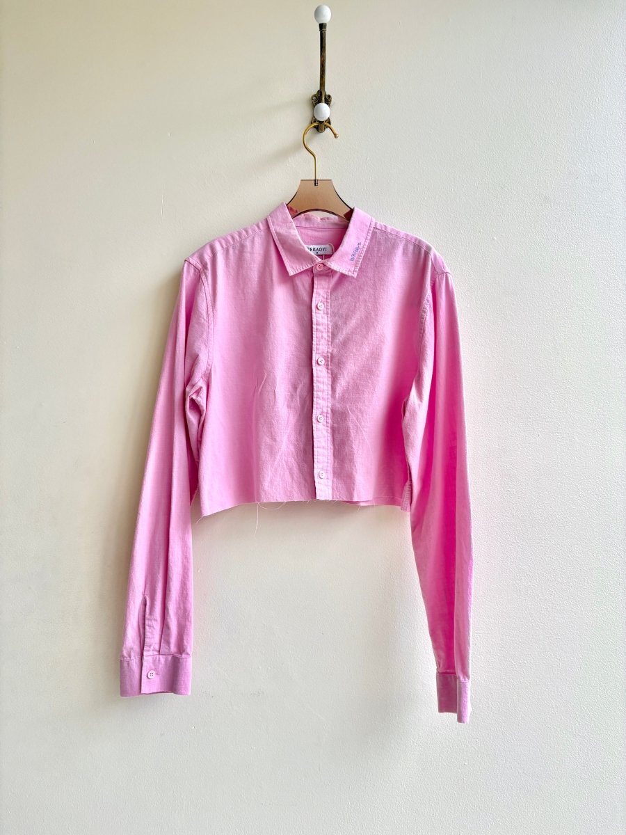 Pink Annette Crop Top w/ Light Blue Embroidered “Apres” (Reworked) - Made X Hudson