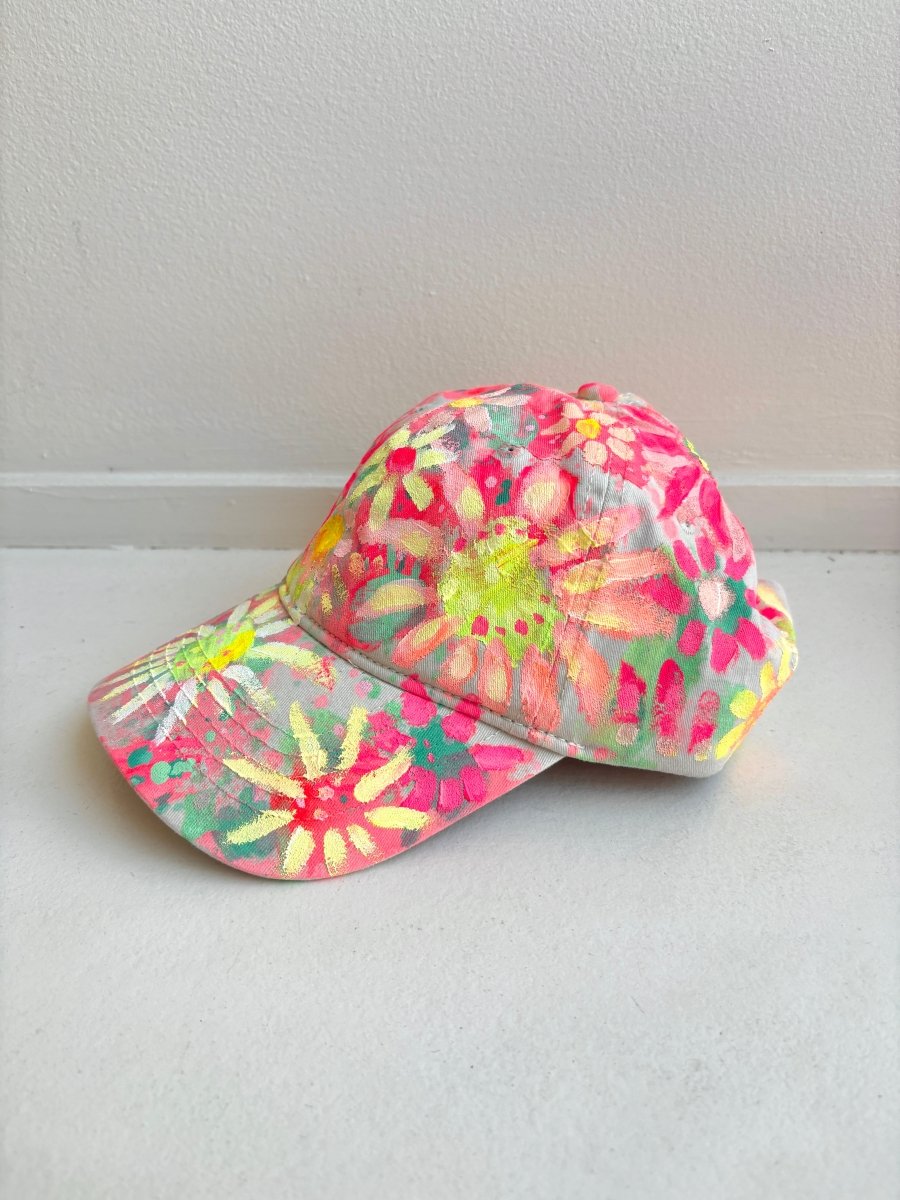 Natural and Pink Hand Painted Neon Multi Color Flowers Baseball Cap - Made X Hudson