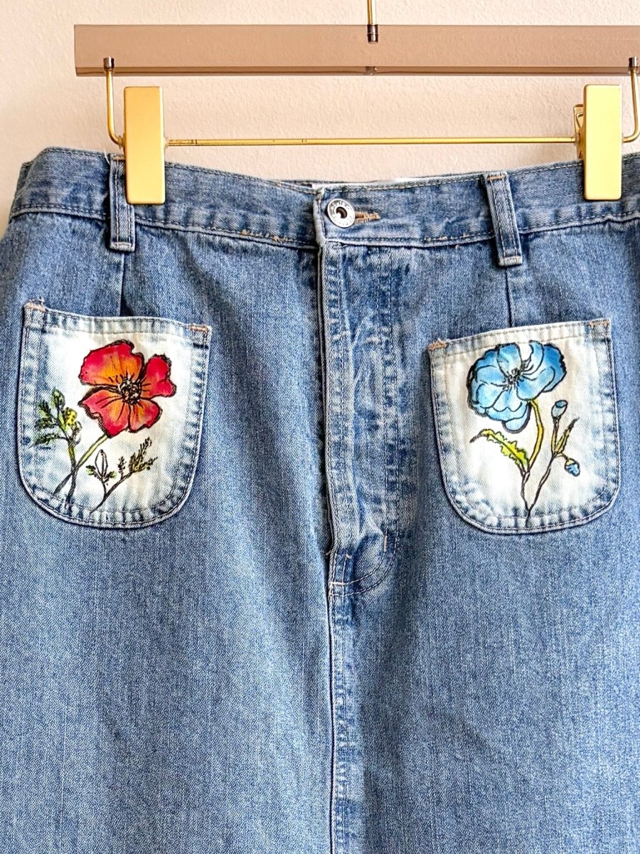 Blue Denim Long Floral Colorful Printed & Hand Drawn Skirt w/ Patch Pockets (Reworked) - Made X Hudson