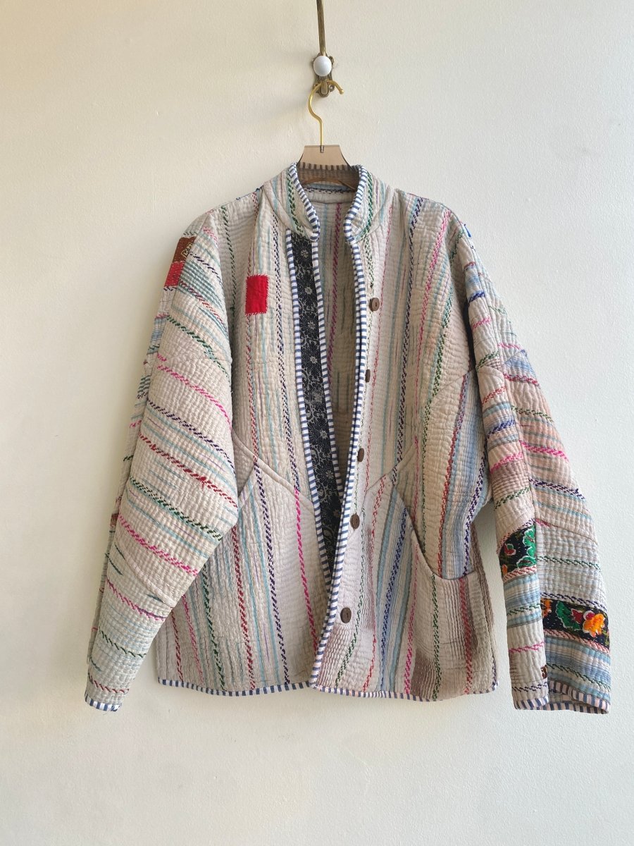 Reversible Ladhiya Quilted Jacket in Colors Cream & Blue w/ Patchwork and Stripes - Made X Hudson