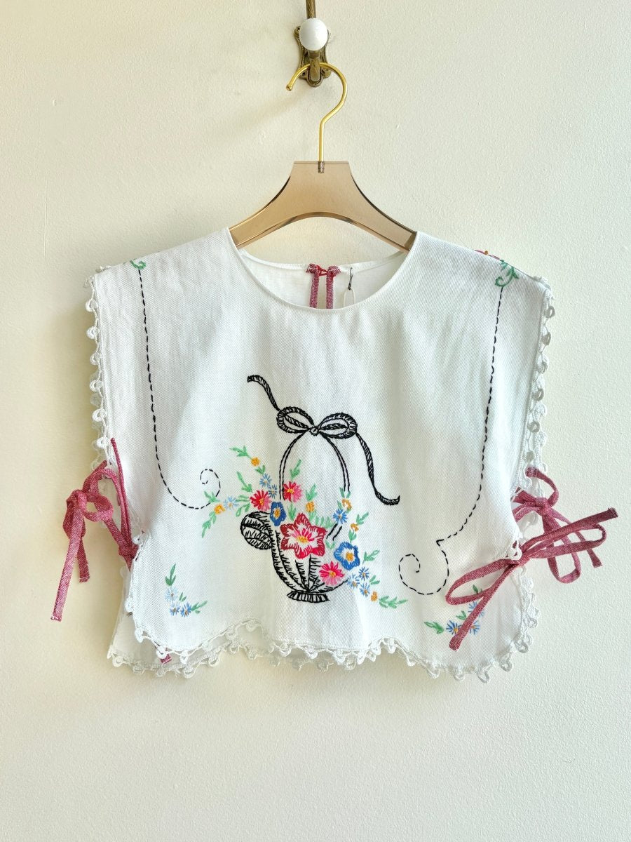 Daisy Basket Hand Embroidered Open Side with Red Ties - Made X Hudson
