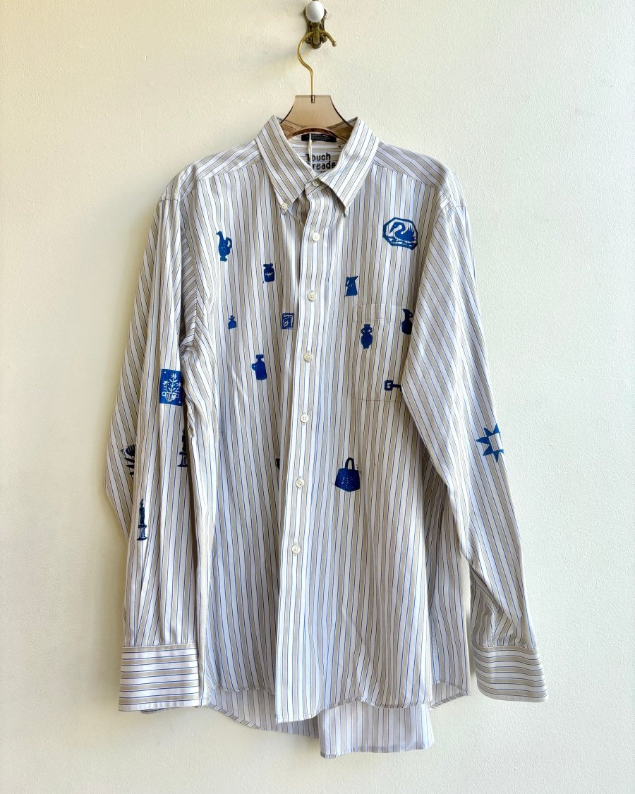Cobalt Tiny Print Button Up in Tan and Blue Stripe | Block Printed (Reworked) - Made X Hudson