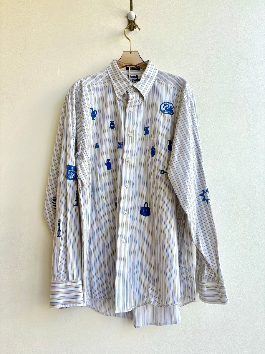 Cobalt Tiny Print Button Up in Tan and Blue Stripe | Block Printed (Reworked) - Made X Hudson