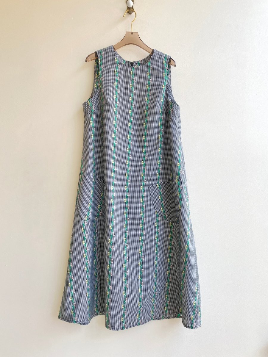 Black & White Checkered Print Chore Dress w/ Floral Embroidery - Made X Hudson