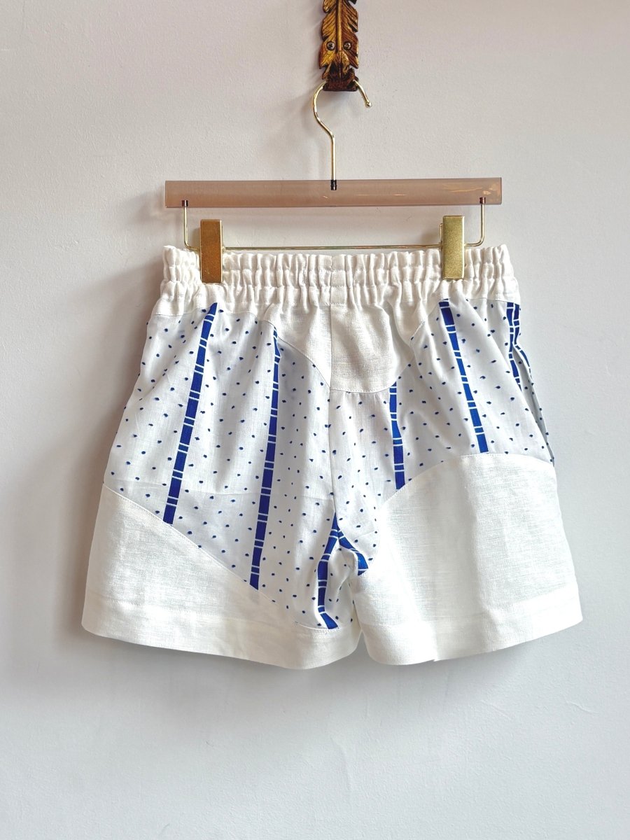 White & Blue Wide Stripe Polka Dot Wave Shorts - Made X Hudson