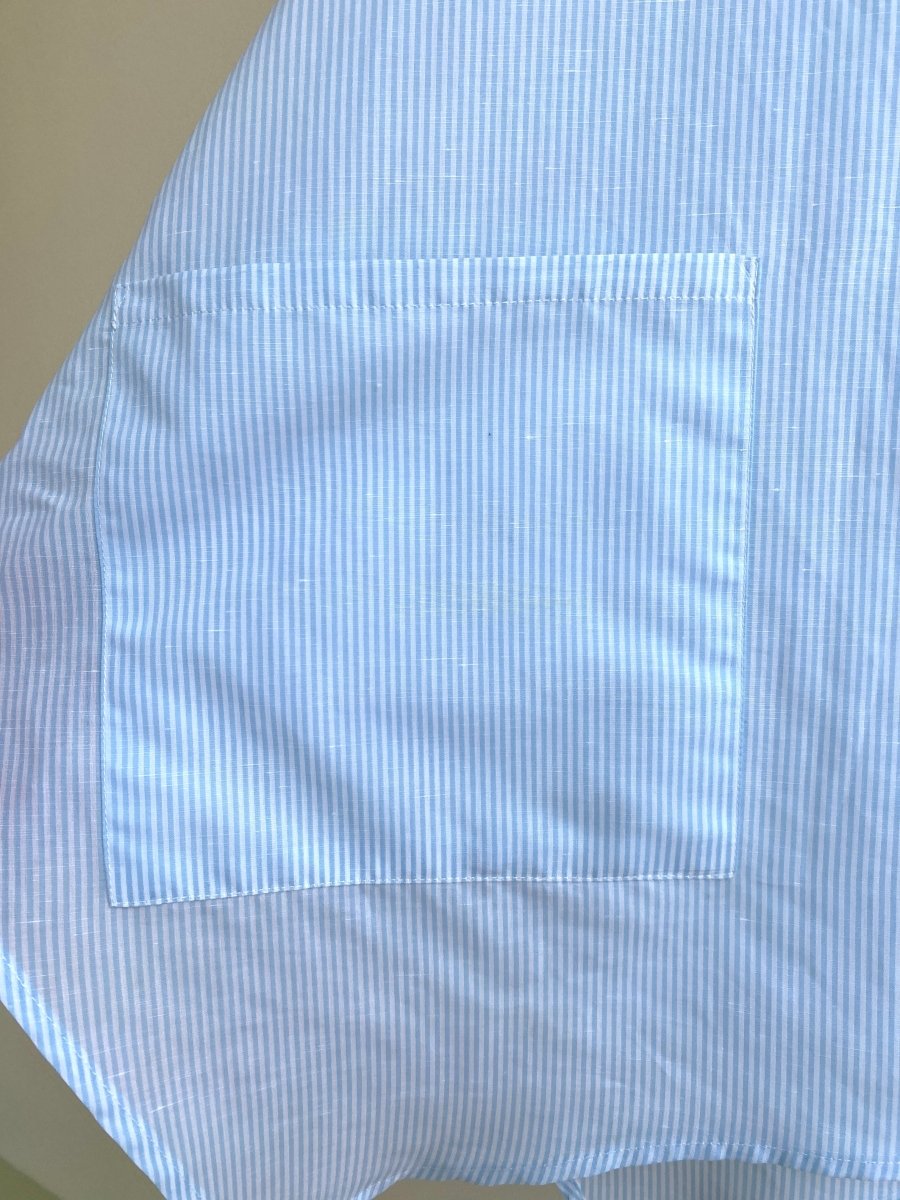 Pale Blue Mini - stripe Handkerchief Hem Shirt w/ Patch Pockets - Made X Hudson