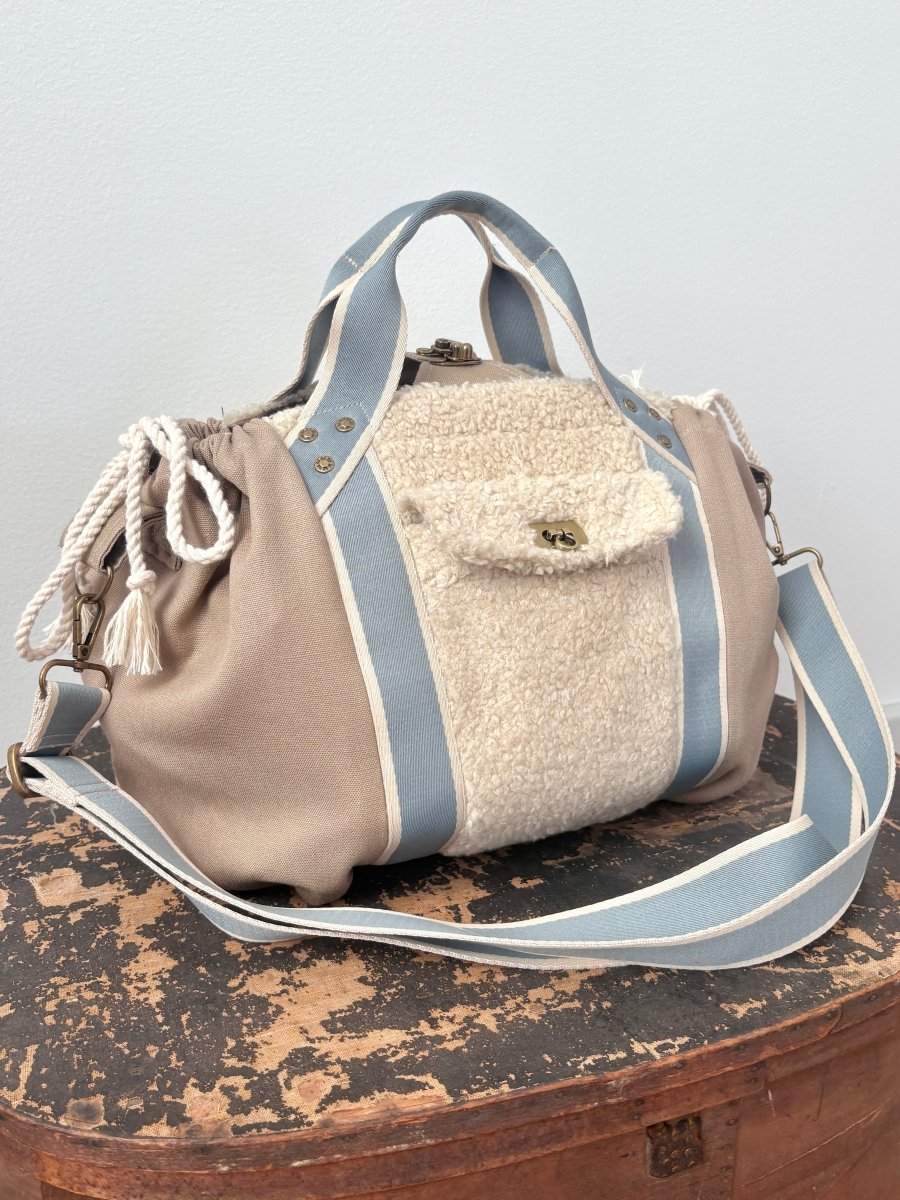 Mini Cross - Body Duffel Bag in Khaki and Faux Sherpa w/ Sky Blue Webbing - Made X Hudson