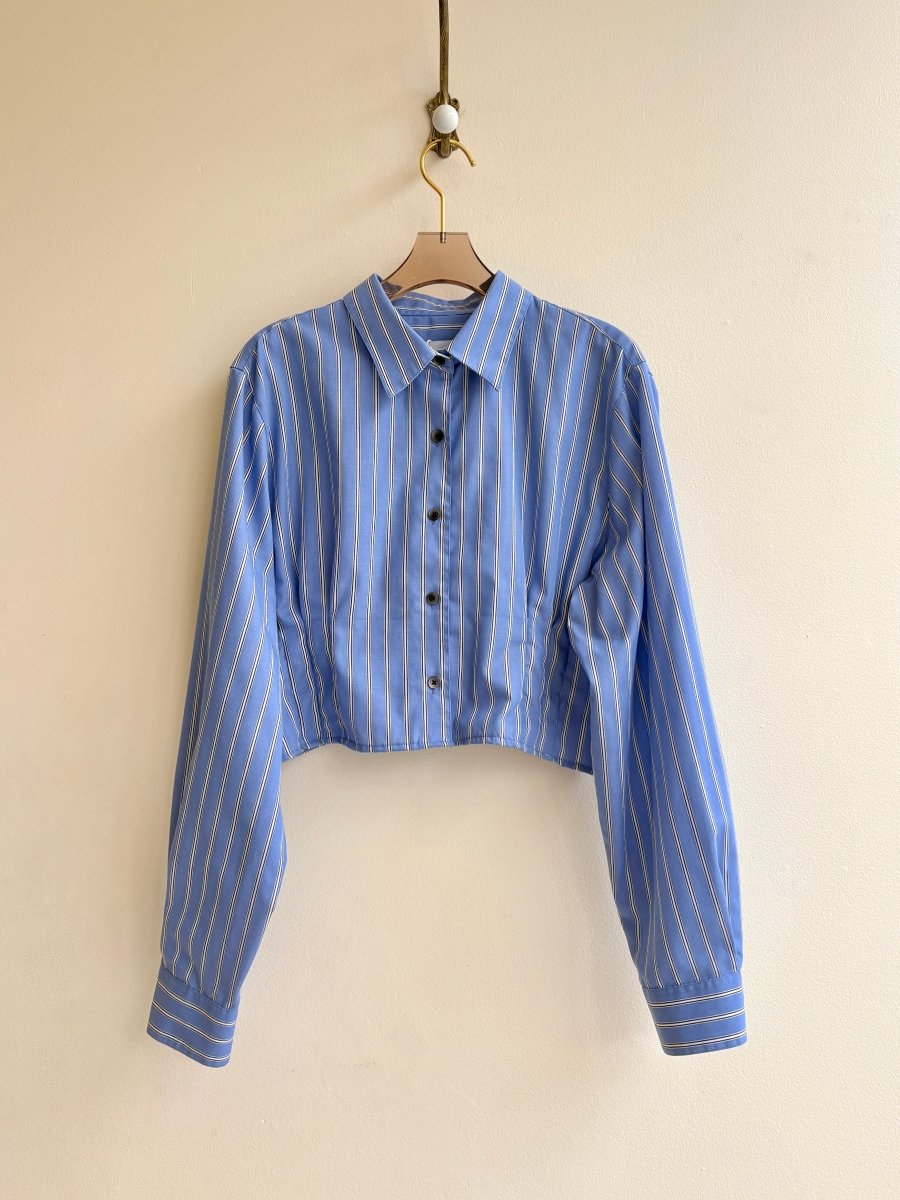 The Kevin Top | Royal Blue Wide Stripe Button Down Top w/ Gathered Waist (Reworked) - Made X Hudson
