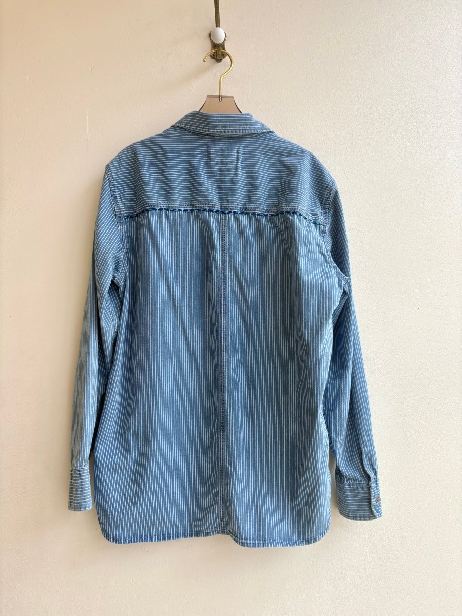 Aqua Shimmer, Gold, and Navy | Embroidered Striped Blue Button Down (Reworked) - Made X Hudson