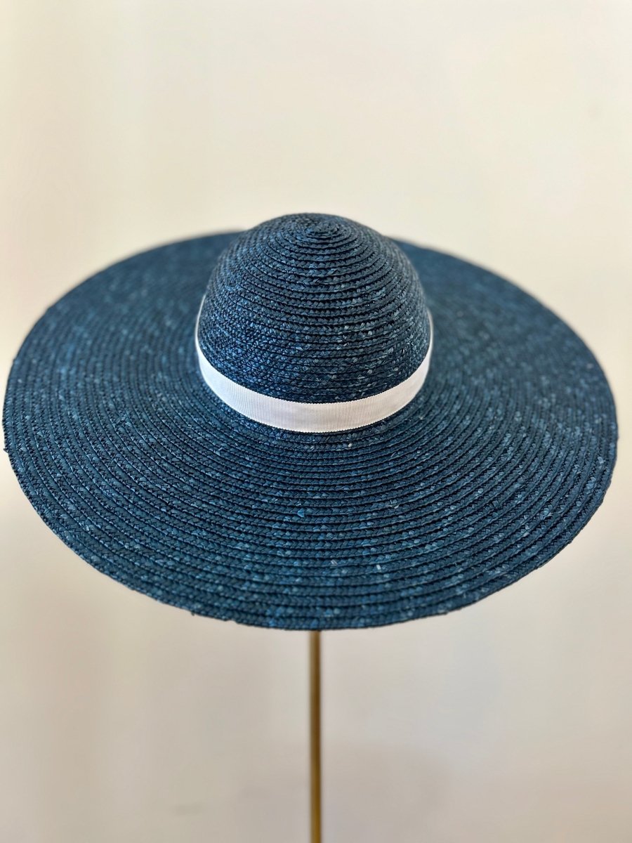 Blue Wide Brim Hat w/ Grey Ribbon Trim Accent - Made X Hudson