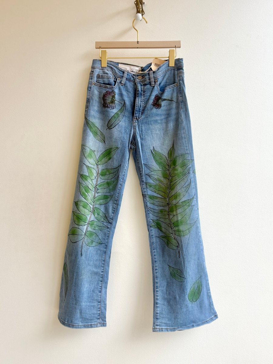 Blue & Pink Flower Pockets w/ Leaves Eco Printed & Hand Drawn Denim Pants (Reworked) - Made X Hudson