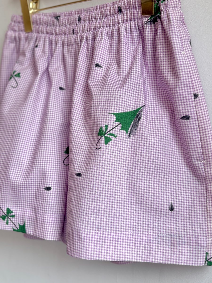 Green Umbrella on Purple Tiny Check Town Shorts - Made X Hudson