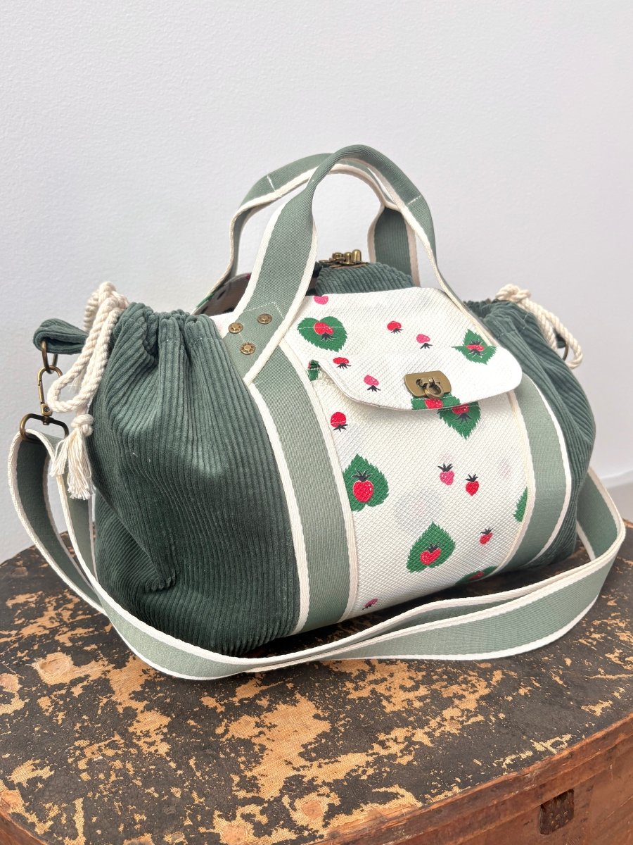 Mini Cross - Body Duffel Bag in Emerald Corduroy and Retro Strawberry Pattern w/ Sage Webbing - Made X Hudson