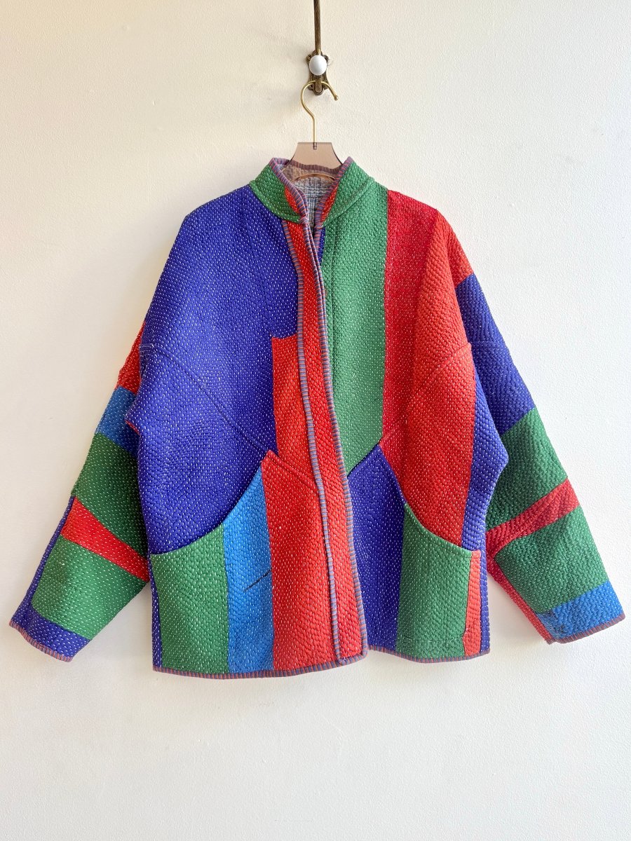 Reversible Ladhiya Quilted Jacket in Colors Dark Blue and Light Blue Plaid & Purple Blue, Green, Carrot Orange - Made X Hudson