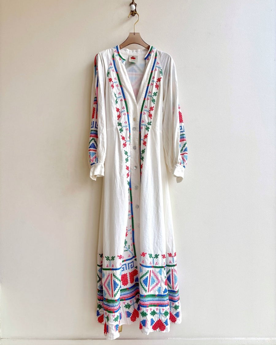 Farm Rio | White Multi - Colored Embroidered Button Up Long Sleeved Dress (Vintage) - Made X Hudson