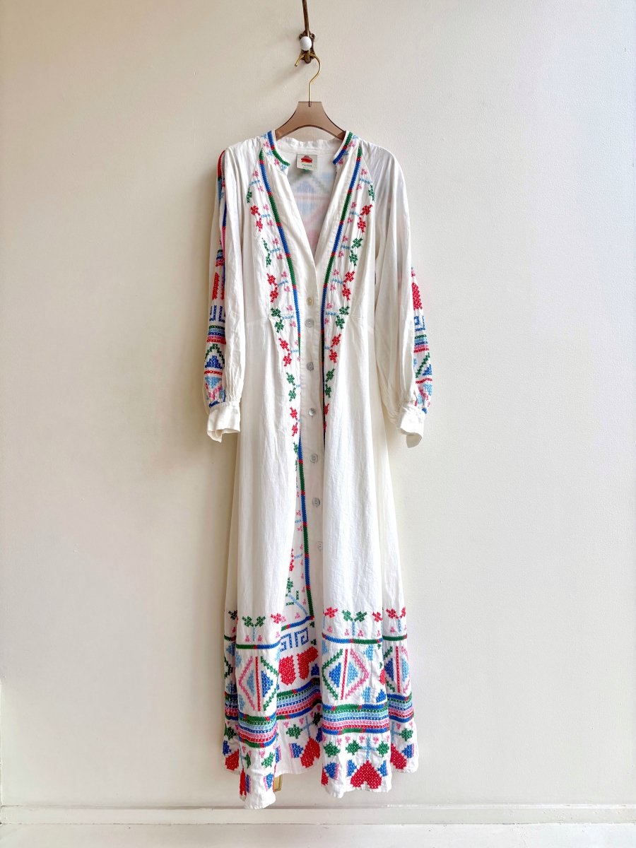 Farm Rio | White Multi - Colored Embroidered Button Up Long Sleeved Dress (Vintage) - Made X Hudson