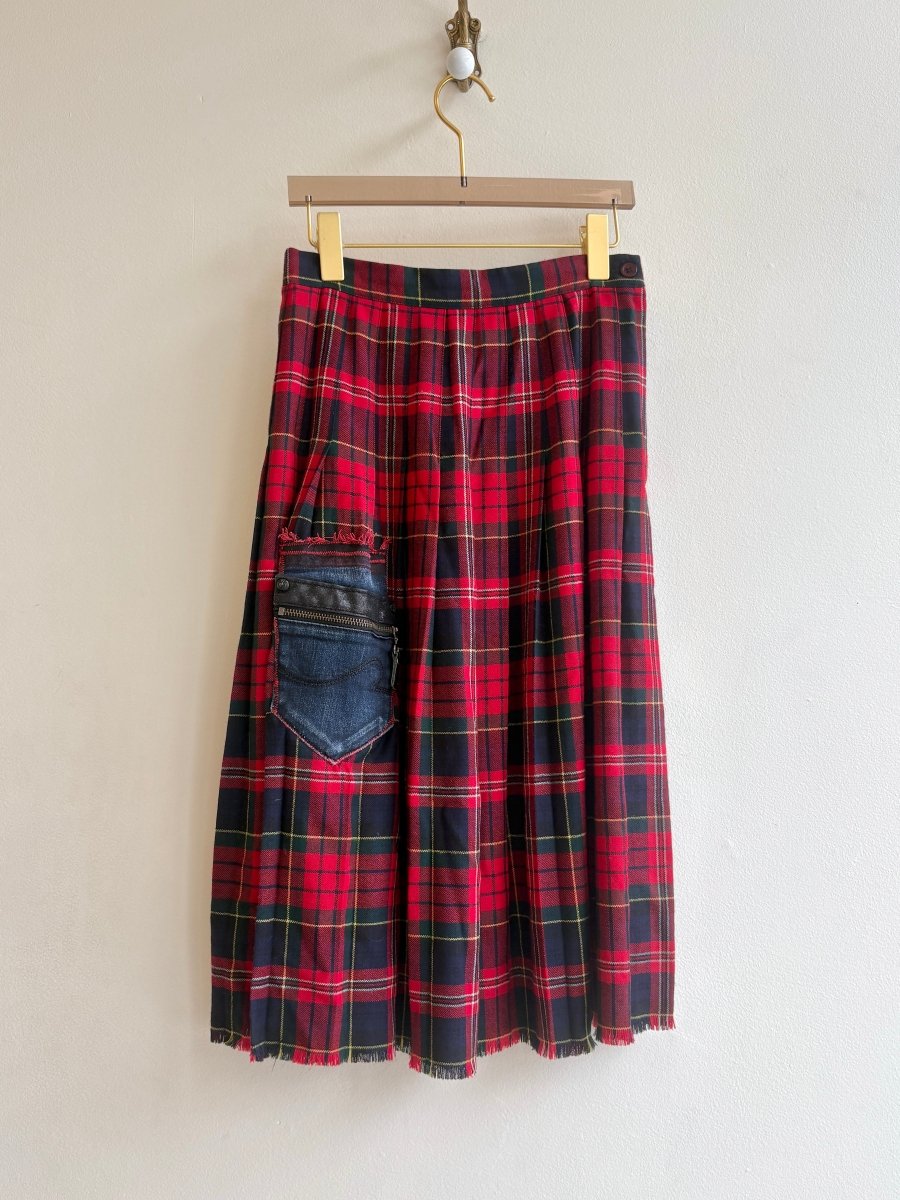 Red Plaid Midi Length Skirt w/ Denim Patch Pocket (Reworked) - Made X Hudson