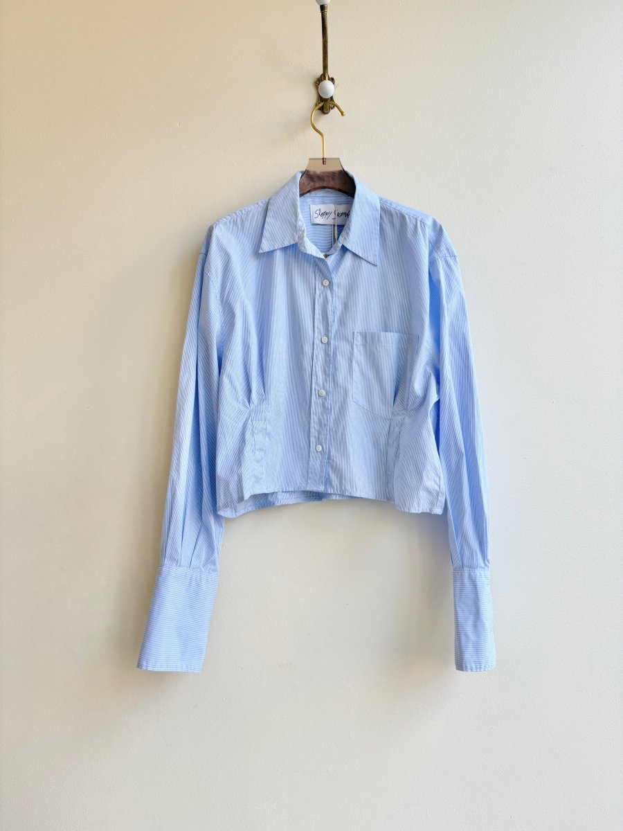 The Kevin Top | Mini Stripe Pale Blue & White Top w/ Gathered Waist (Reworked) - Made X Hudson