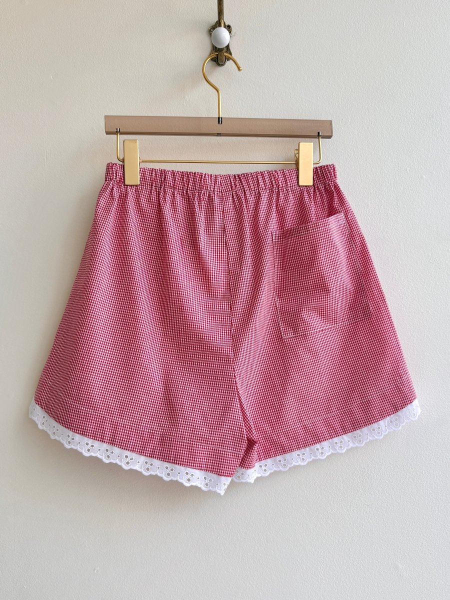 Red & White Mini - Plaid w/ Eyelet Trim Boxer Shorts (Reworked) - Made X Hudson