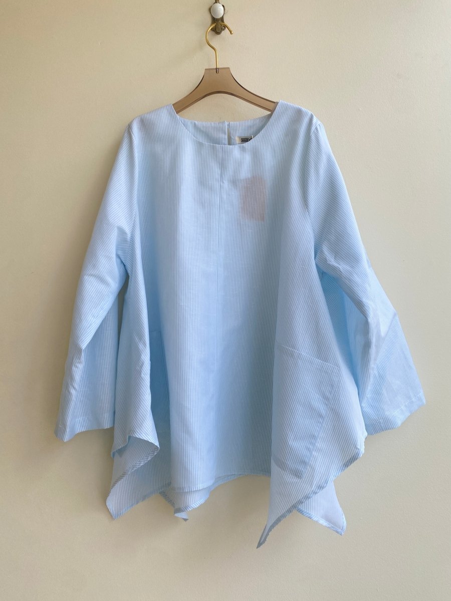 Pale Blue Mini - stripe Handkerchief Hem Shirt w/ Patch Pockets - Made X Hudson