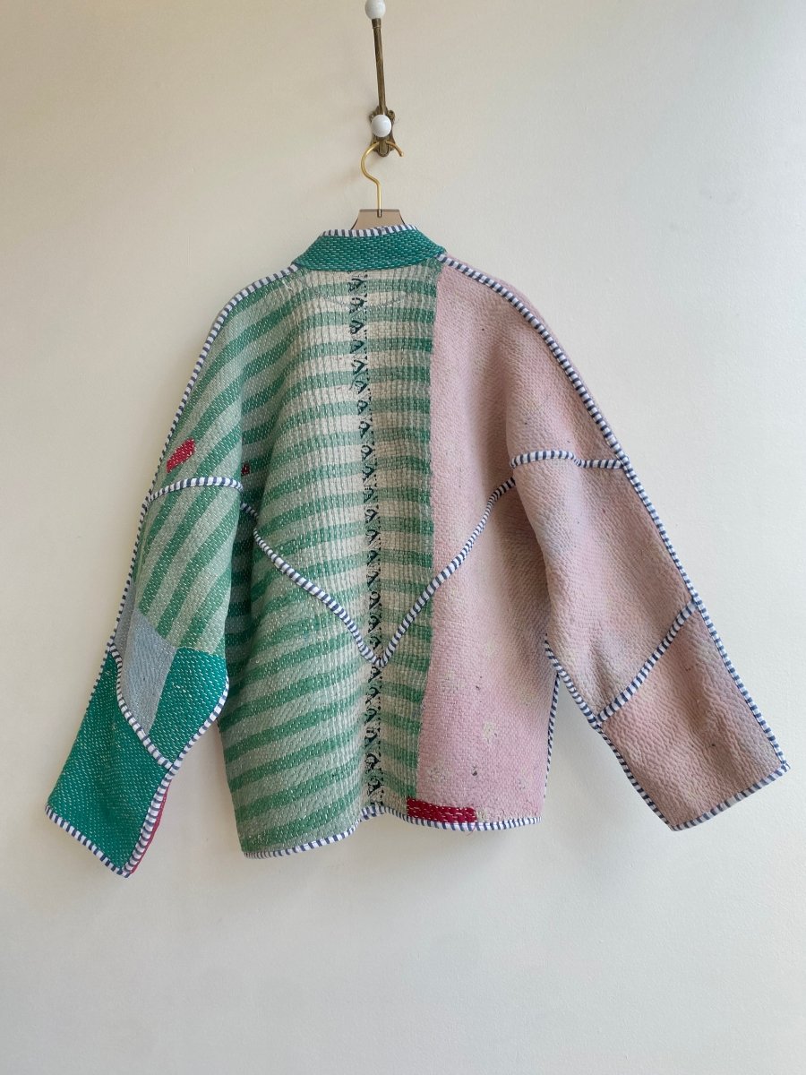 Reversible Ladhiya Quilted Jacket in Colors Mint, Pale Pink & Pink, Purple, Blue Patchwork - Made X Hudson