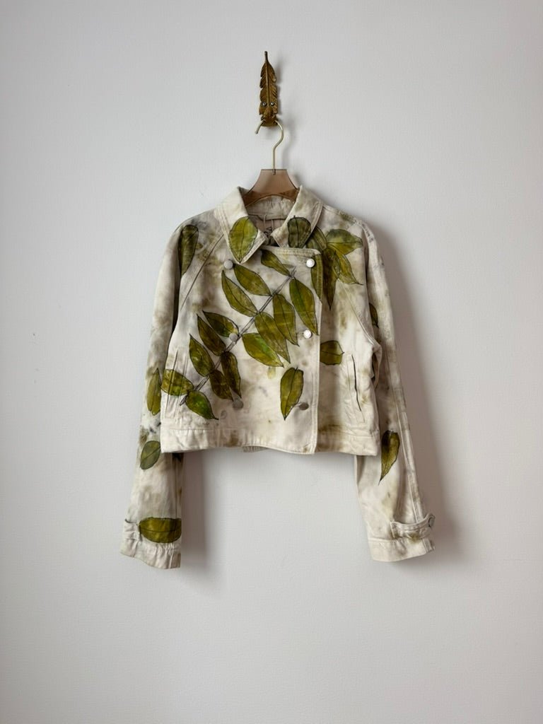 Hand Painted Ivory Double Breasted Cropped Denim Jacket (Reworked) - Made X Hudson