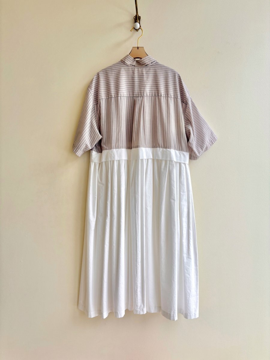 Empire Shirtwaist Dress in Blush, Navy, White & Tan Stripe & White w/ Short Sleeves (Reworked) - Made X Hudson
