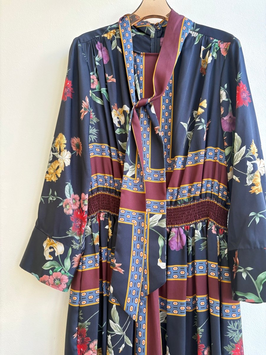 Teri Jon | Navy & Burgundy Floral Tie Neck Dress (Vintage) - Made X Hudson
