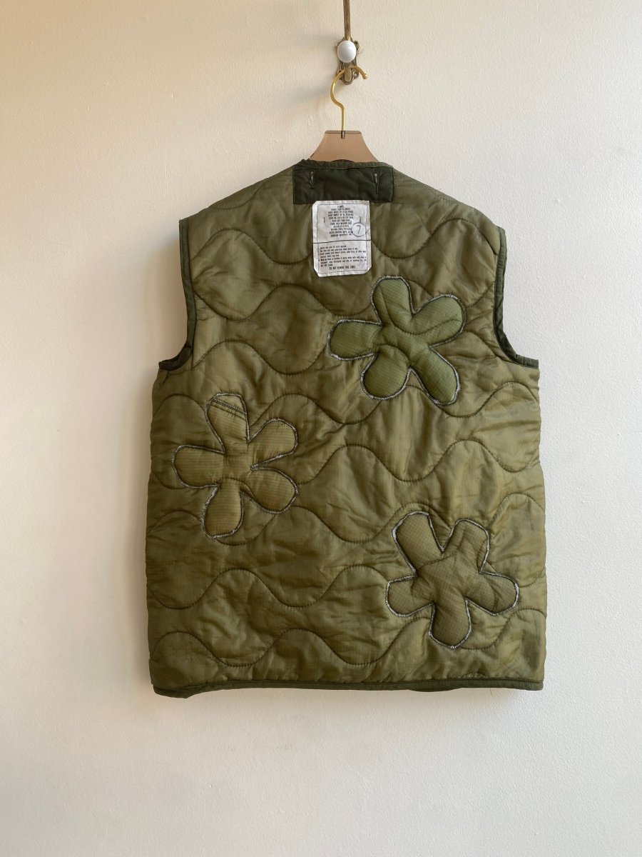 Olive Green Army Liner Quilted Vest w/ Floral Quilting & Blue Zipper (Reworked) - Made X Hudson