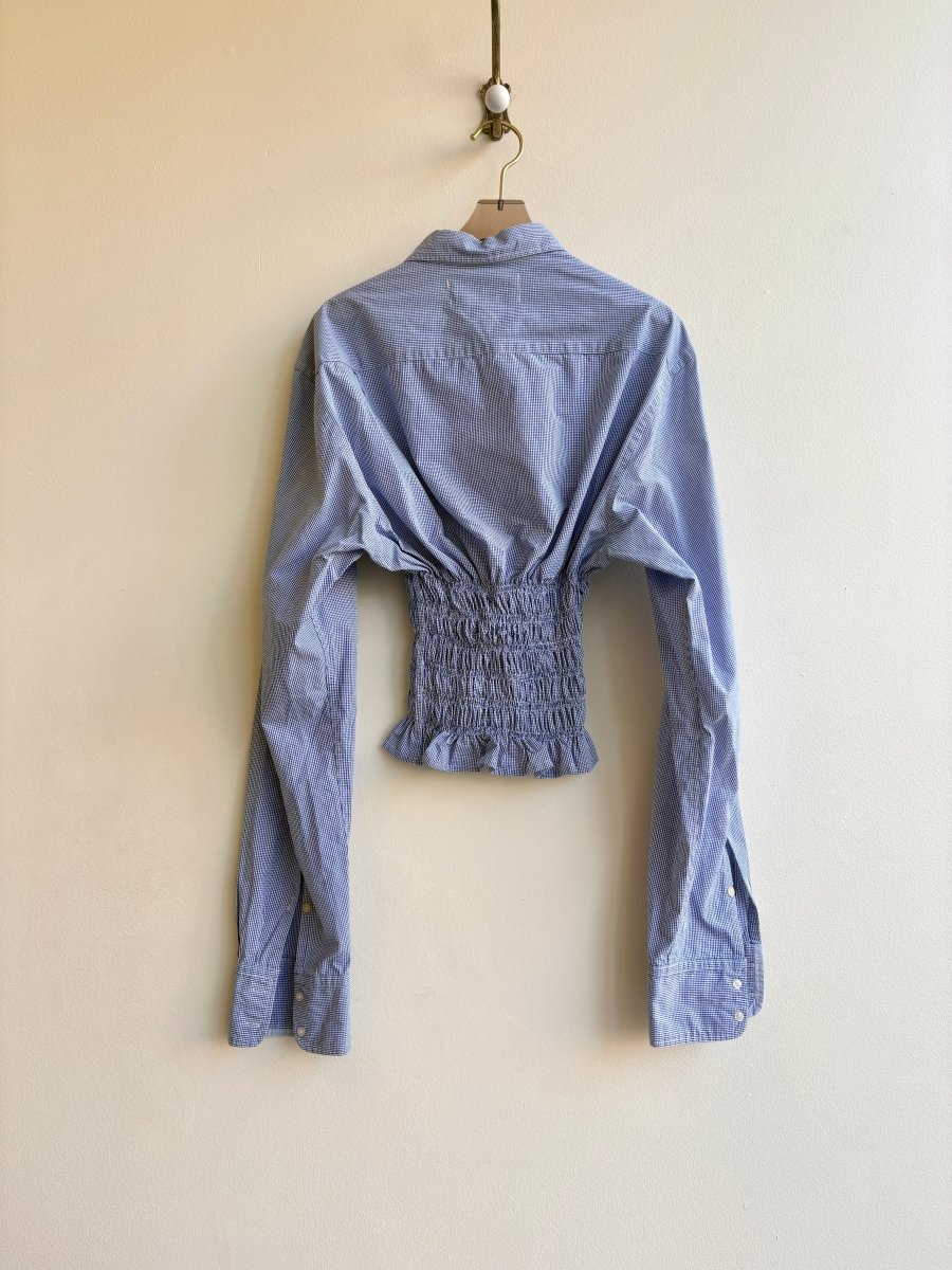 The George Top | Blue & White Mini Gingham Button Down Top w/ Smocked Waist (Reworked) - Made X Hudson