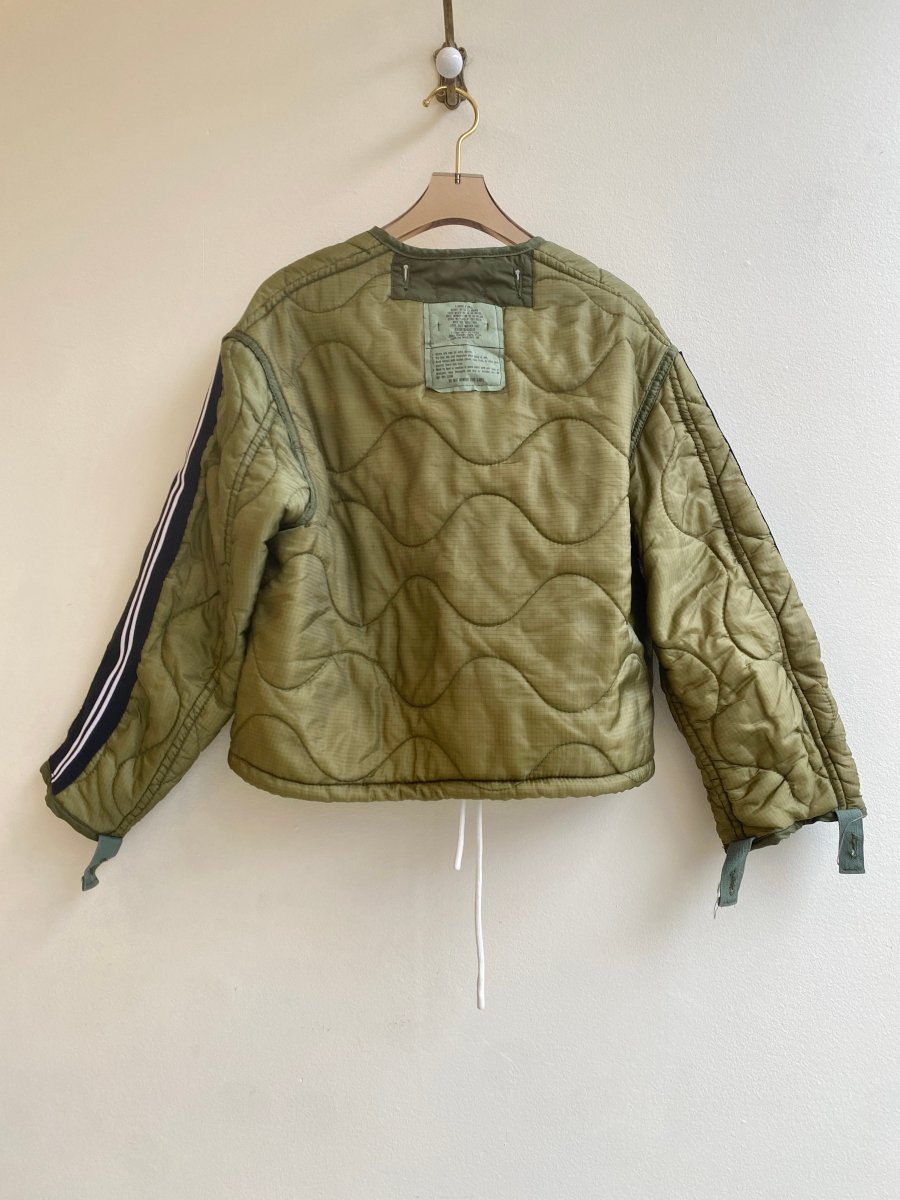 Olive Green Army Liner Quilted Coat w/ White Drawstring & Navy White Striped Sleeves - Made X Hudson