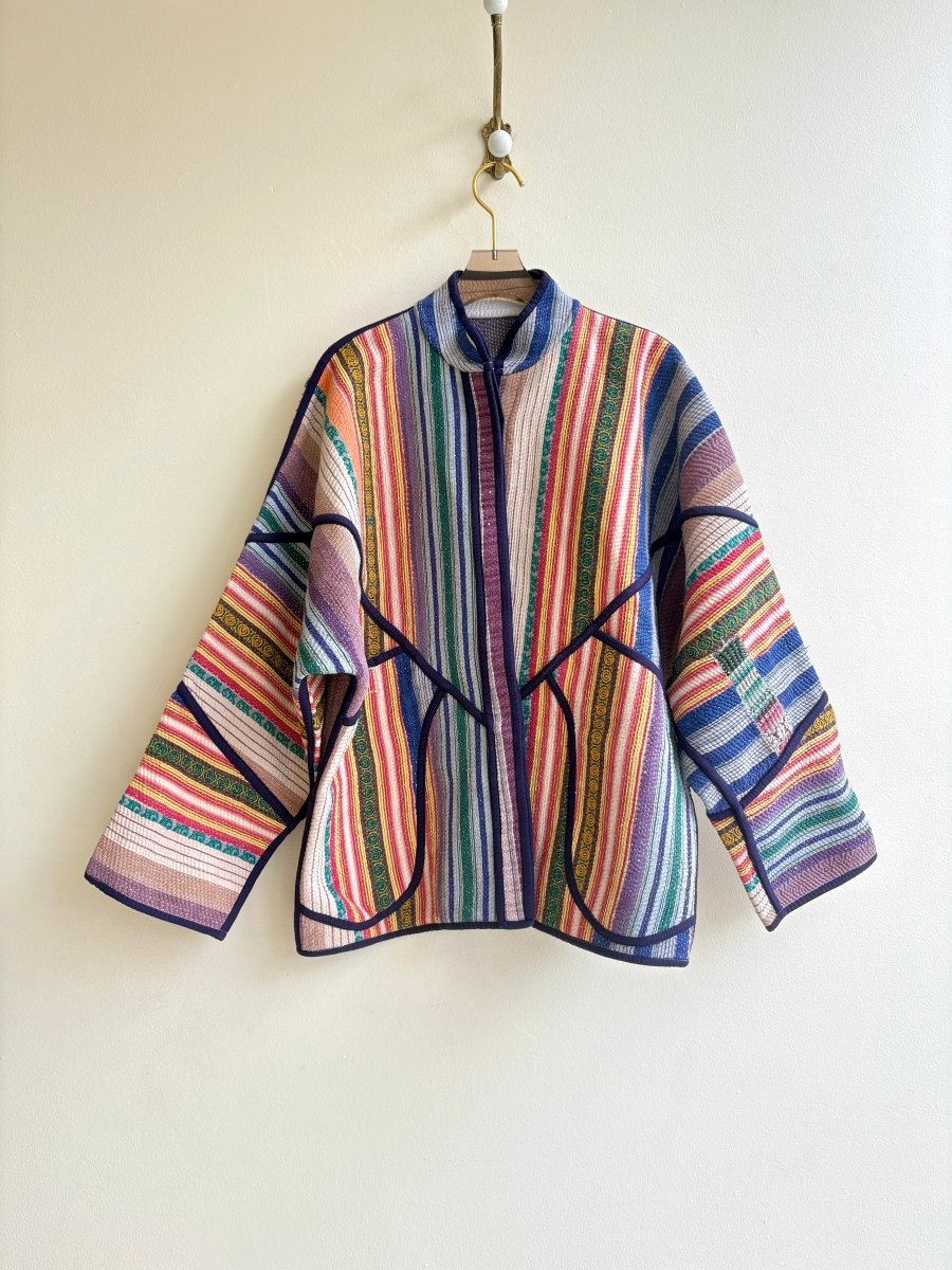 Reversible Ladhiya Quilted Jacket in Multicolored Stripe & White, Mauve, Blue, Peach - Made X Hudson