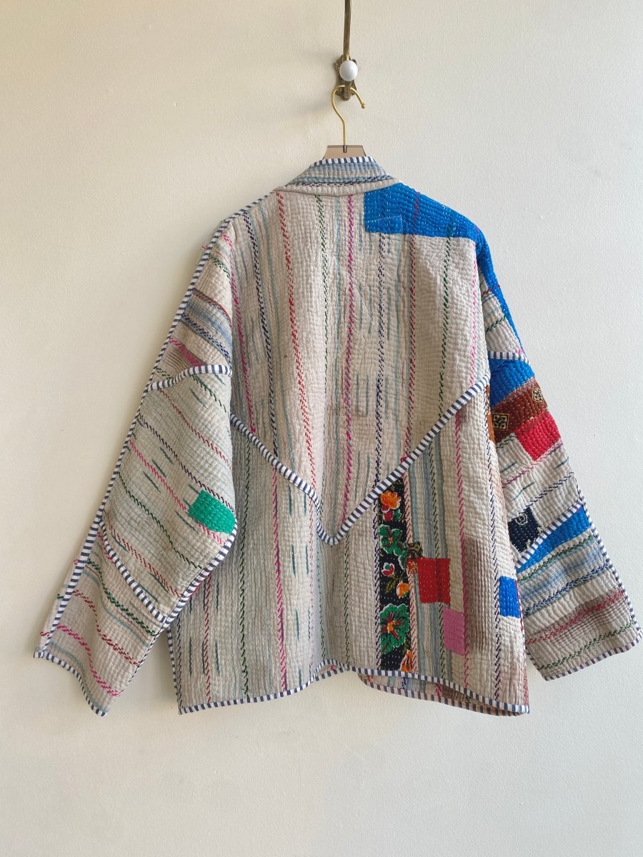 Reversible Ladhiya Quilted Jacket in Colors Cream & Blue w/ Patchwork and Stripes - Made X Hudson