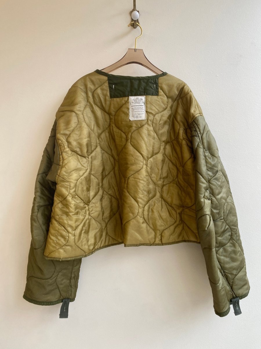 Two Tone Olive Green Army Liner Quilted Coat w/ Twill Tape Ties (Reworked) - Made X Hudson