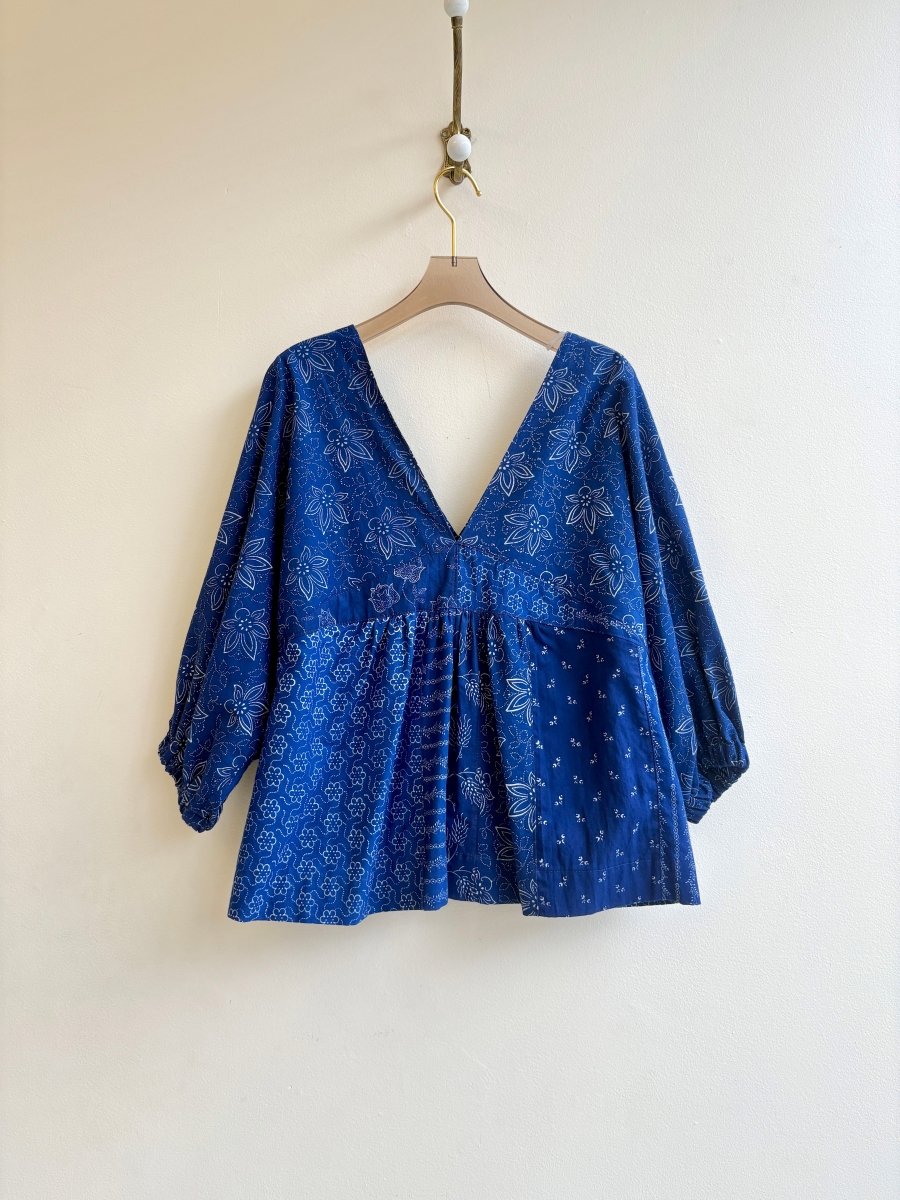 Zero Waste Blue Cotton Ruffle Top w/ Handstamped Floral Motif - Made X Hudson