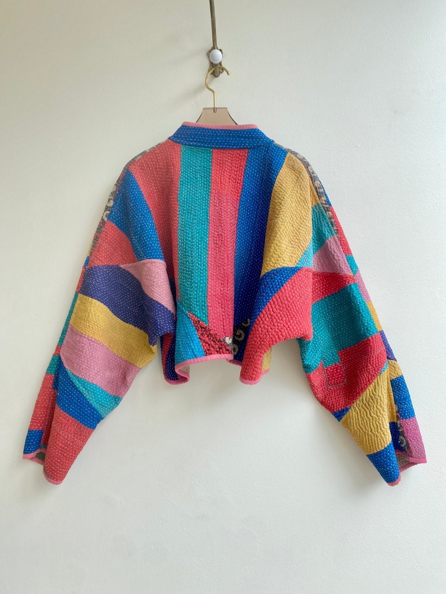 Reversible Kaira Quilted Cropped Jacket in Colors Sage, Flax & Red, Blue, Yellow Patchwork - Made X Hudson