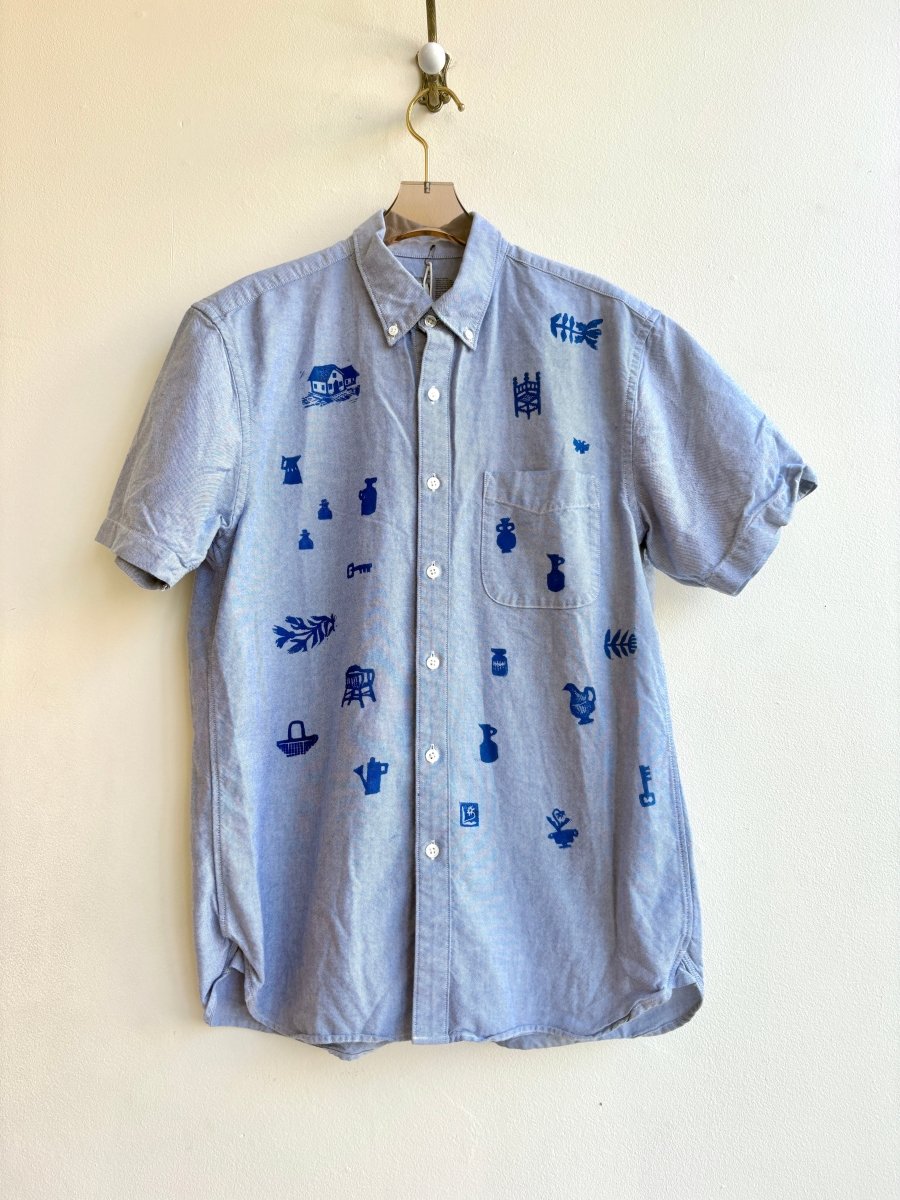 Cobalt Tiny Print Short Sleeve Button Up in Grey Blue | Block Printed (Reworked) - Made X Hudson