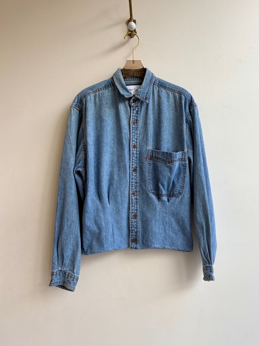 The Kevin Top | Vintage Blue Denim Top w/ Copper Buttons & Gathered Waist (Reworked) - Made X Hudson