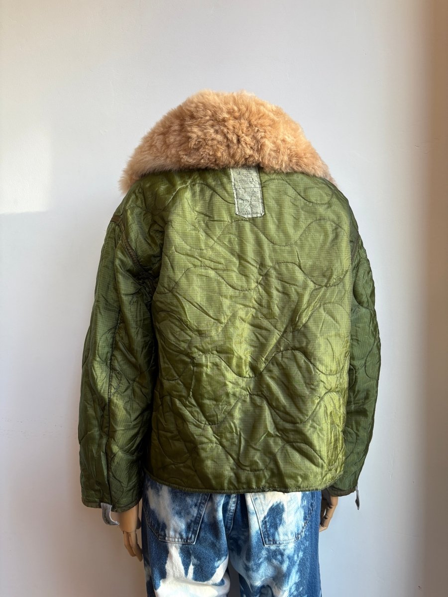 Olive Green Army Liner Quilted Coat w/ Caramel Alpaca Fur Collar & Twill Tape Ties (Reworked) - Made X Hudson