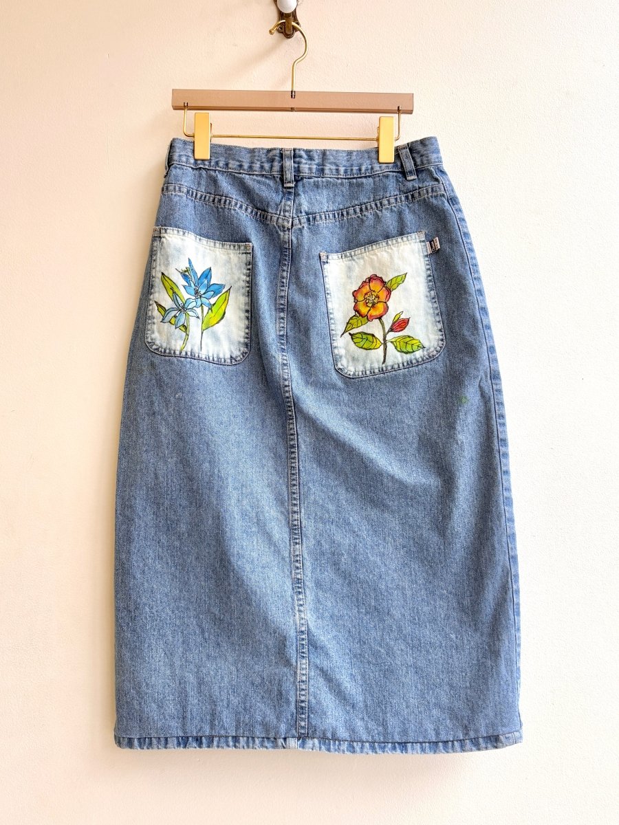 Blue Denim Long Floral Colorful Printed & Hand Drawn Skirt w/ Patch Pockets (Reworked) - Made X Hudson