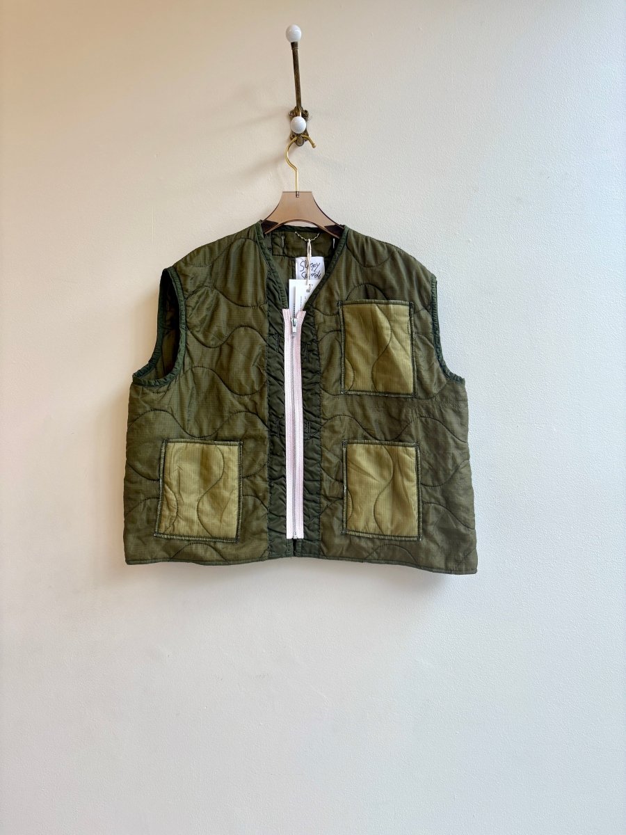 Dark Olive Green Army Liner Quilted Vest w/ Offset Pink Zipper & Pockets (Reworked) - Made X Hudson