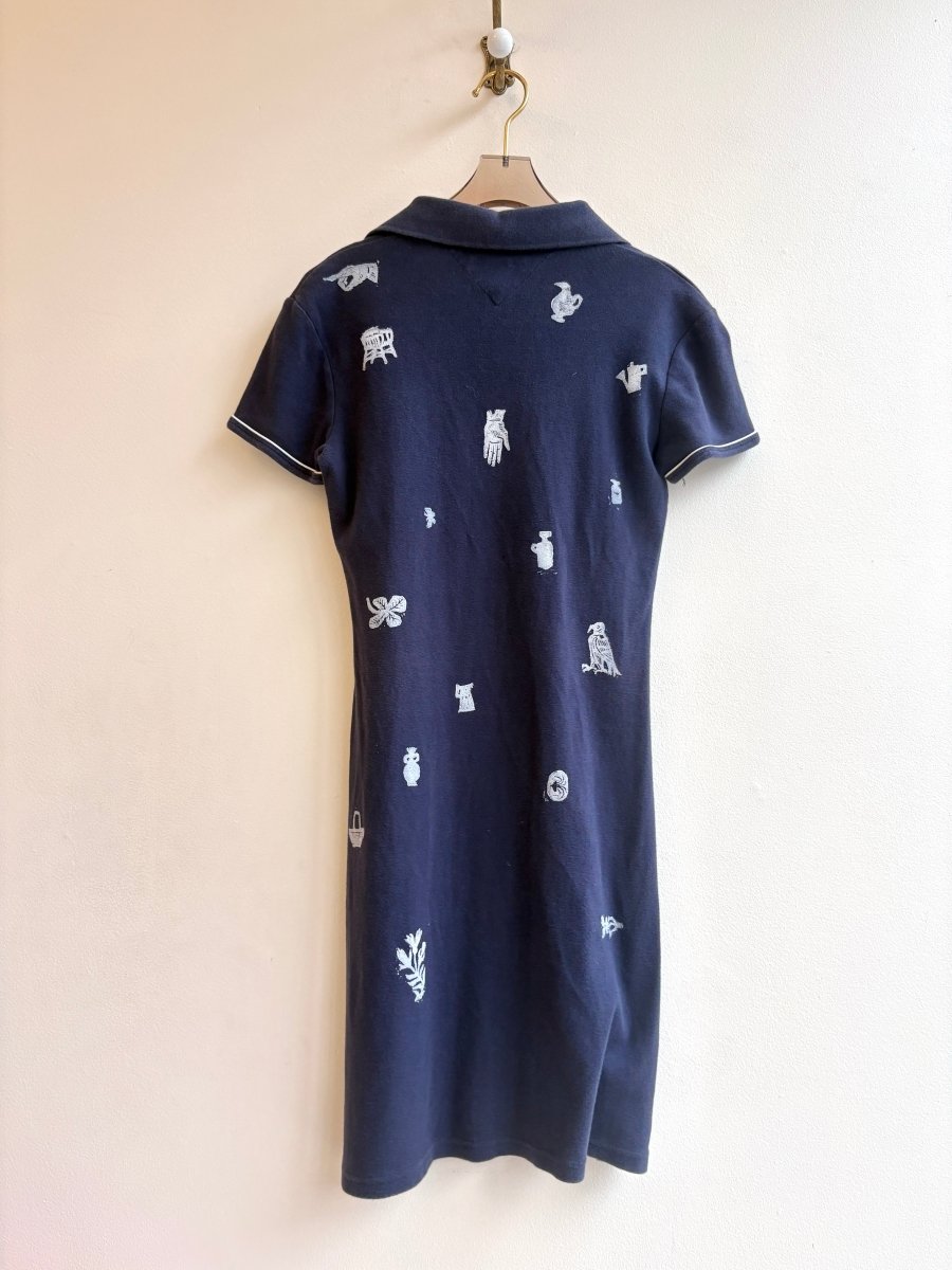 White Tiny Print Polo Dress in Dark Blue | Block Printed (Reworked) - Made X Hudson