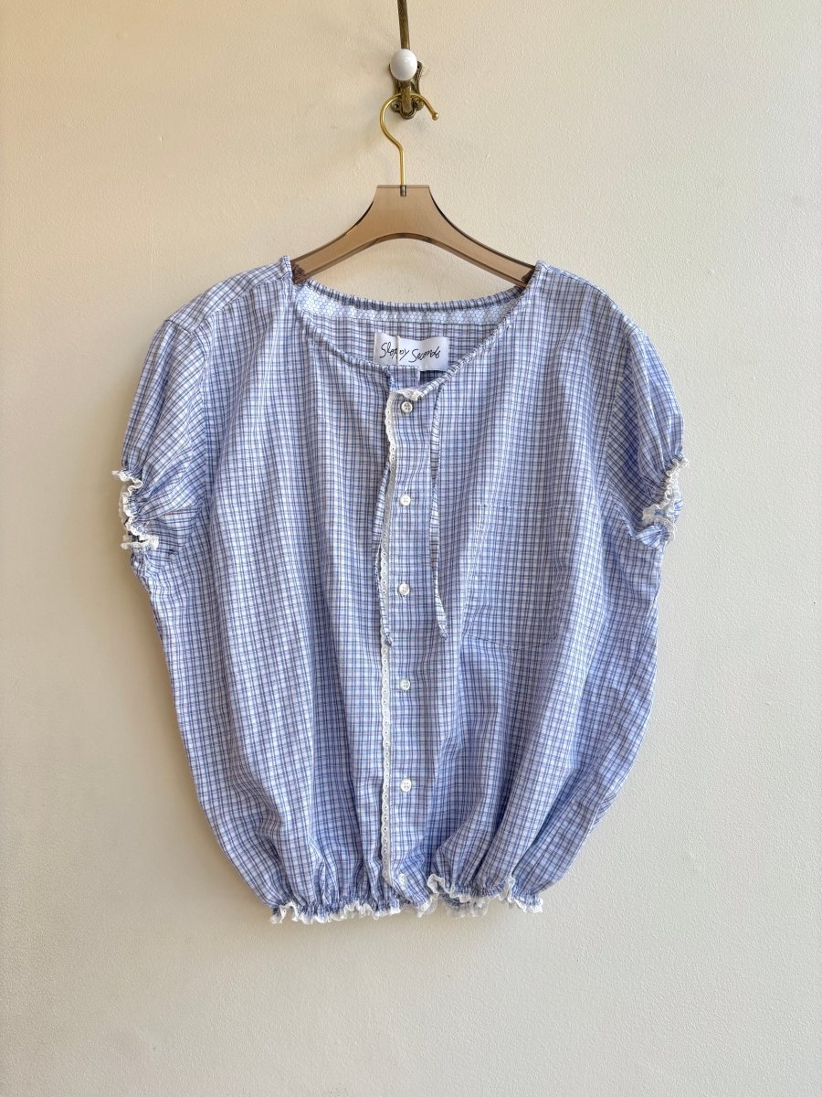 The Henry Top | Berry and Blue Bell Plaid Cap Sleeve with Smocked Waist & Eyelet Trim (Reworked) - Made X Hudson