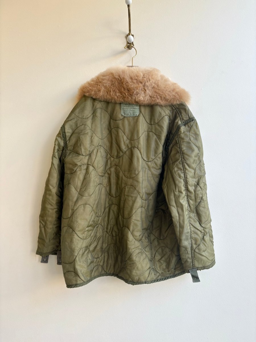 Olive Green Army Liner Quilted Coat w/ Cream Alpaca Fur Collar & Twill Tape Ties (Reworked) - Made X Hudson