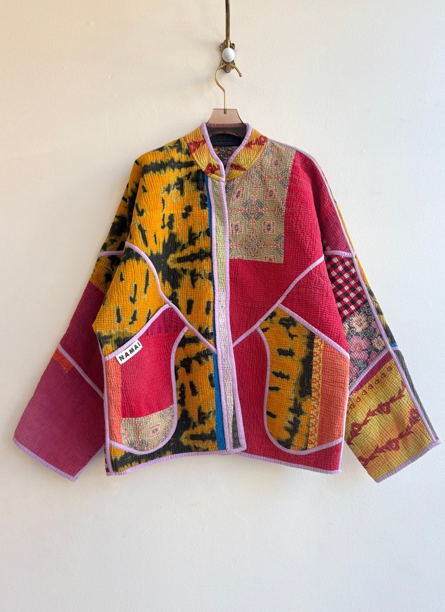 Reversible Ladhiya Quilted Jacket in Colors Red, Lavender, Orange & Multi Colored Floral Patchwork - Made X Hudson