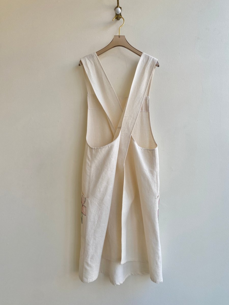 White Organic Linen Hand Embroidered Pinafore Apron w/ Pink & Green Flowers - Made X Hudson