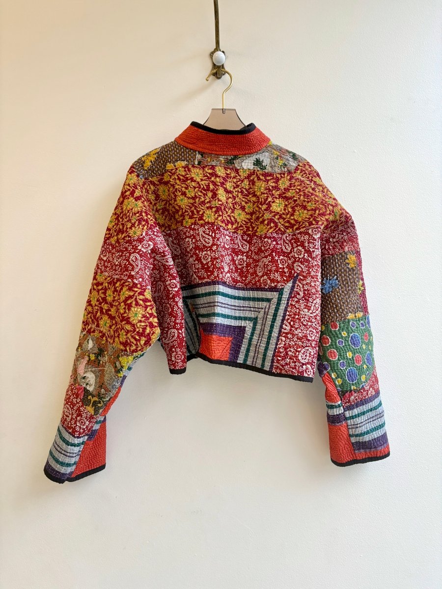 Reversible Kaira Quilted Cropped Jacket in Colors Green, Blue, Cream, Grey & Patchwork Orange, Violet, Green, Red - Made X Hudson