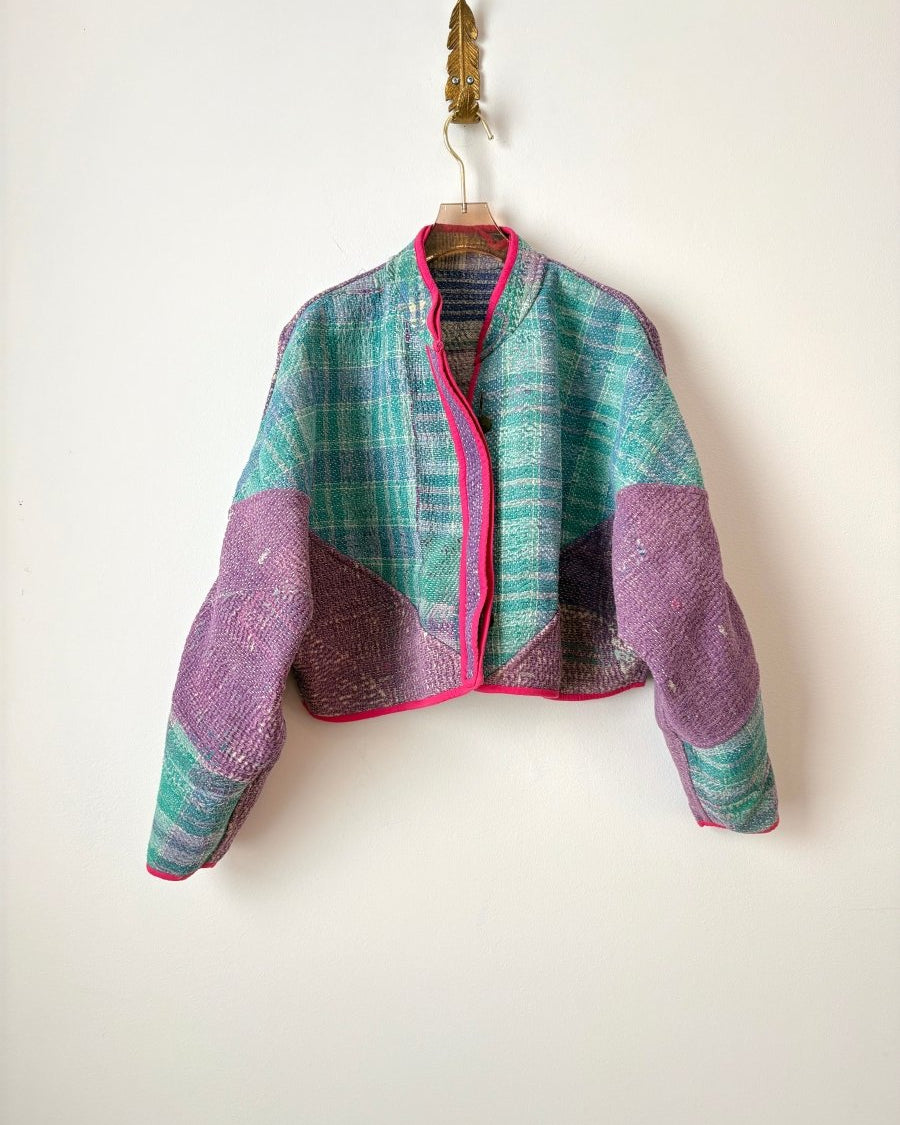 Reversible Kaira Quilted Cropped Jacket in Colors Sage, Lilac, Purple, Bright Pink & Purple, Teal, Blue - Made X Hudson