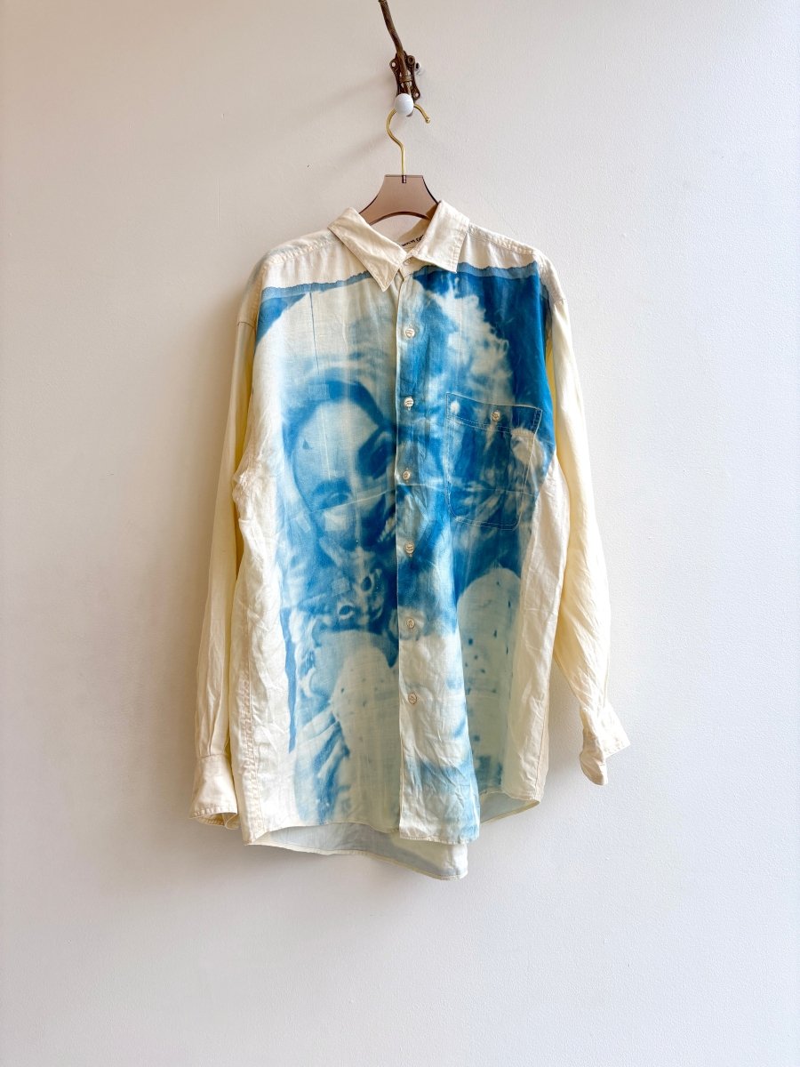 Butter Yellow Linen Dolly Parton and Kitten Blue Cyanotype Button - Up Shirt (Reworked) - Made X Hudson