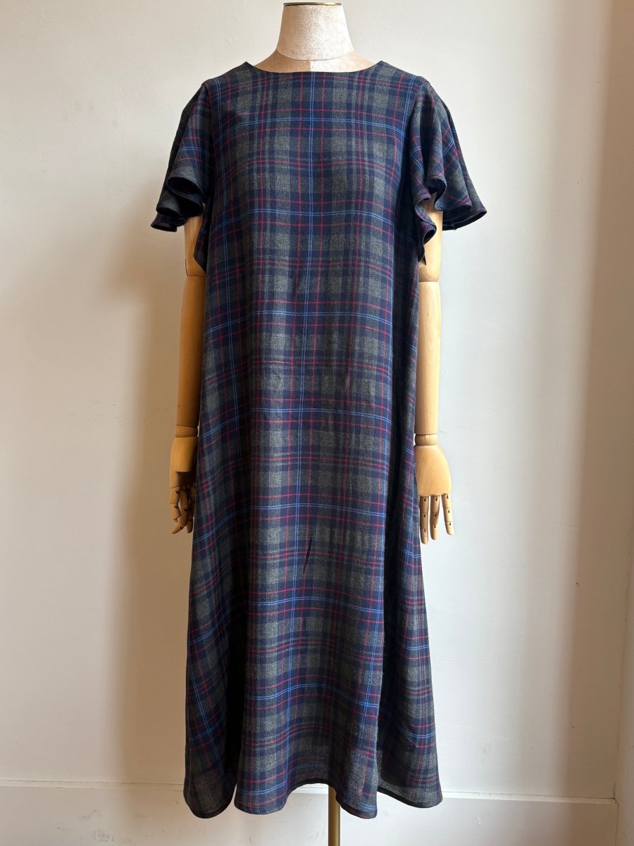 Navy, Blue, Grey, & Red Plaid Chore Dress w/ Flutter Sleeve - Made X Hudson